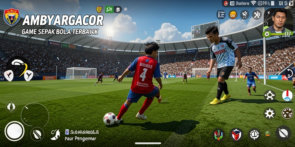 Tampilan gameplay yang mendebarkan dalam AMBYARGACOR dengan aksi sepak bola yang intens.