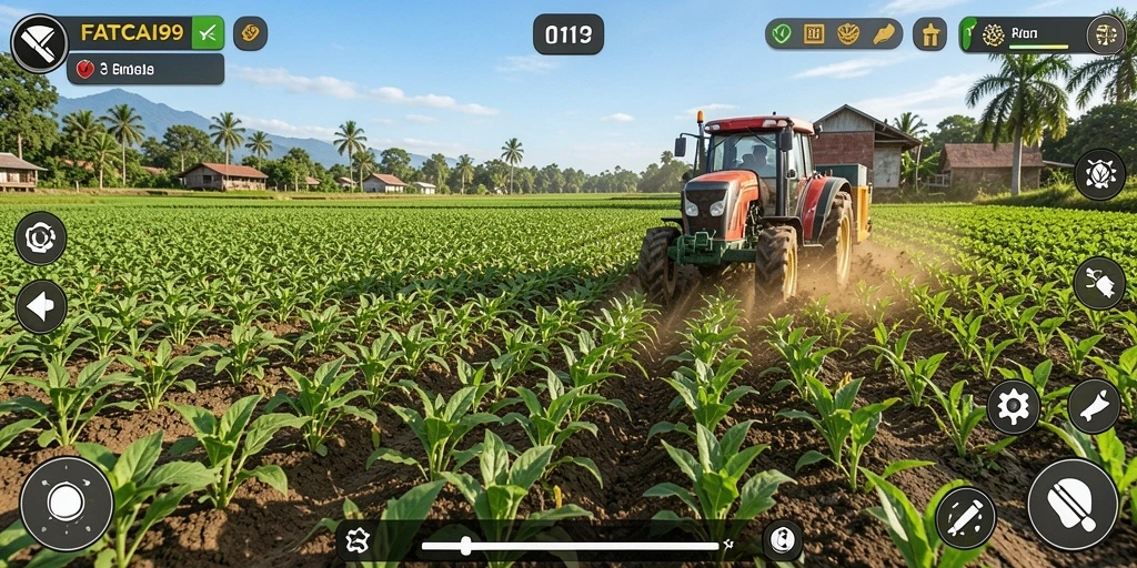 Tangkapan layar gameplay <strong>FATCAI99</strong> dengan berbagai aktivitas bertani.