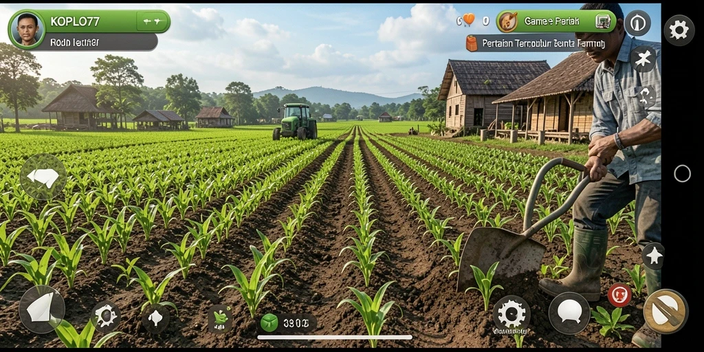 Menampilkan gameplay KOPLO77 yang seru dengan aktivitas pertanian.