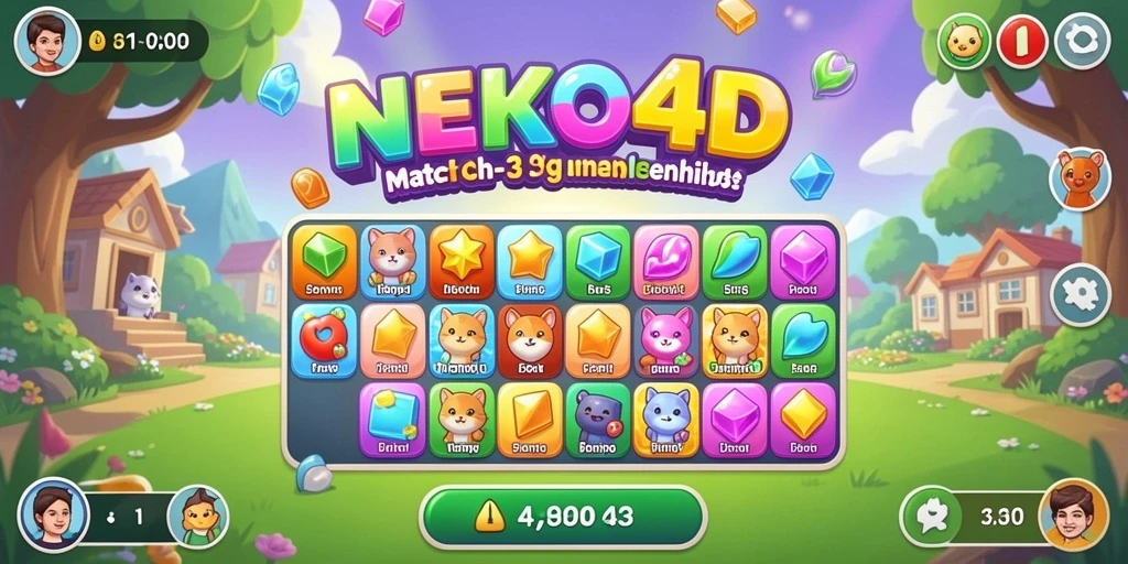 Screenshot gameplay NEKO4D menunjukkan momen seru pencocokan kucing.